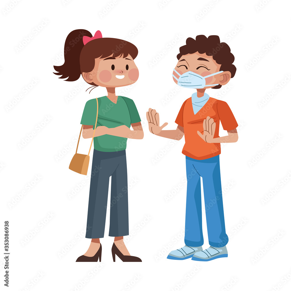 young couple using medical masks characters young couple using medical masks characters
