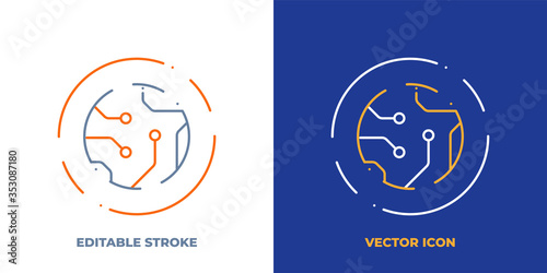 Motherboard line art vector icon with editable stroke. Outline symbol of microchip technology. Computer board pictogram made of thin stroke. Isolated on background.