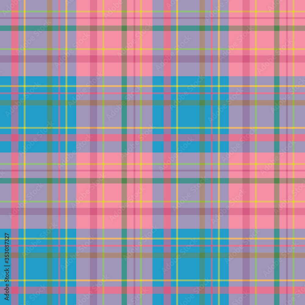 Seamless pattern in blue, pink, yellow, green, light violet colors for plaid, fabric, textile, clothes, tablecloth and other things. Vector image.