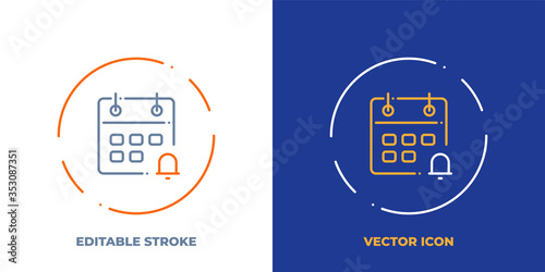 Calendar line art vector icon with editable stroke. Outline symbol of event reminder. Schedule pictogram made of thin stroke. Isolated on background.