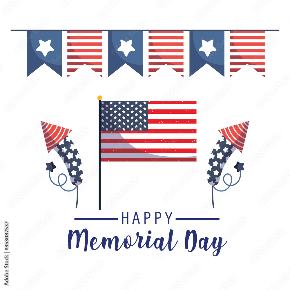 Flag fireworks and banner pennant of memorial day vector design Flag fireworks and banner pennant of memorial day vector design