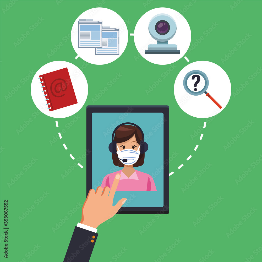call center support female worker wearing medical mask call center support female worker wearing medical mask