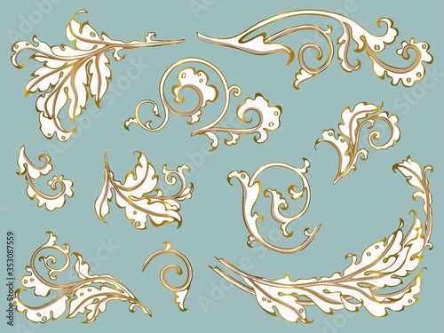 Antique ornament in style baroque of acanthus leaves. Vector set gold on blue.