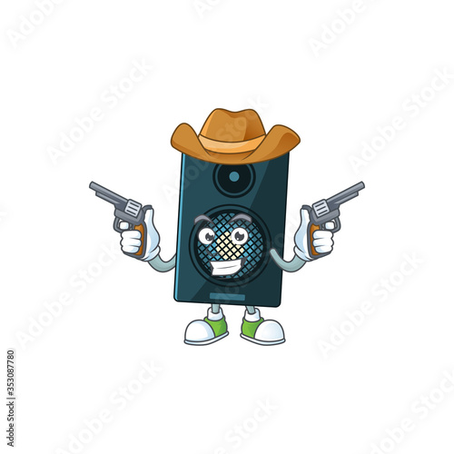A masculine cowboy cartoon drawing of sound system holding guns