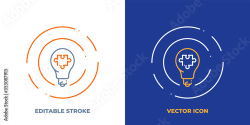 Lightbulb with puzzle piece line art vector icon with editable stroke. Outline symbol of creative solution. Idea pictogram made of thin stroke. Isolated on background.