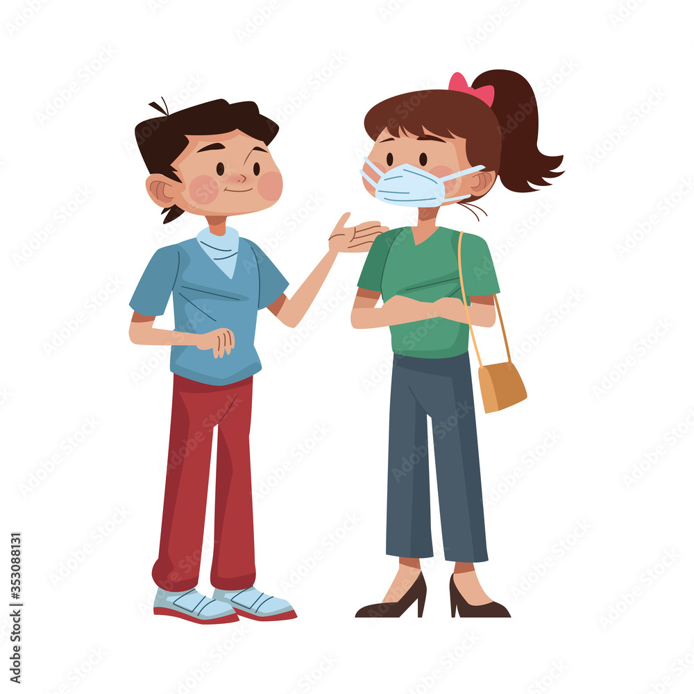 young couple using medical masks characters young couple using medical masks characters