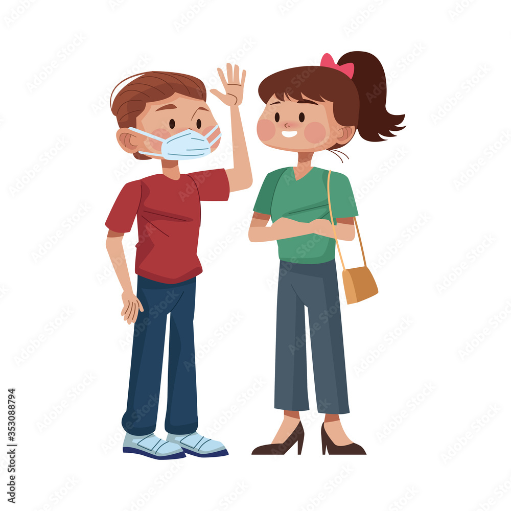 young couple using medical masks characters young couple using medical masks characters