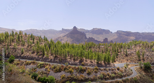 Huge old volcano crater in a volcanic island. Big mountains at the back and a top mountain in the middle. In the foreground, there are two roads and a forest of pines.