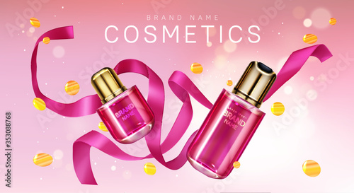 Perfume bottles with pink silk ribbon and golden confetti. Vector realistic brand poster with glass bottles for face care cosmetics, premium fragrance product. Promo banner, advertising background