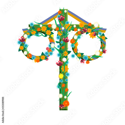 Happy Midsummer greeting poster. Wooden pole twined with flowers and ribbons. Template for Sweden longest summer day holiday banner background. Vector illustration.