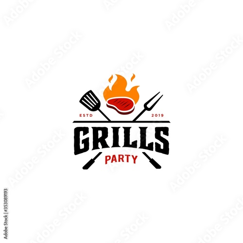 Vintage hipster Grilled meat Barbeque invitation party barbecue bbq with crossed fork spatula and fire flame Logo design