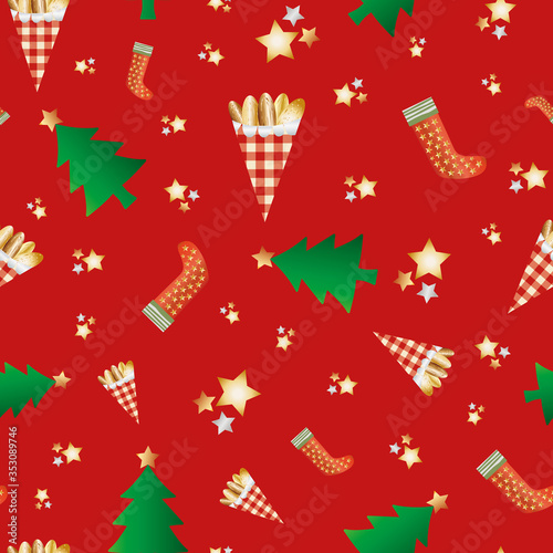 Vector roasted almond nuts in gingham paper bags seamless pattern background. Golden confectionery, festive trees, stars on red backdrop. Design for food or Christmas fair, farmers market concept