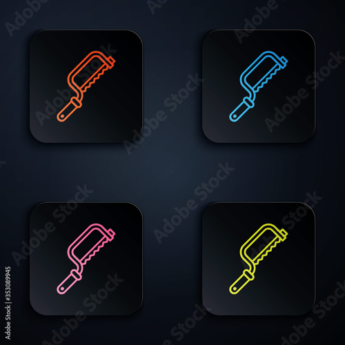 Color neon line Hacksaw icon isolated on black background. Metal saw for wood and metal. Set icons in square buttons. Vector Illustration