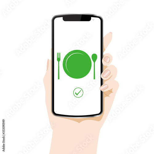フォークスプーンのアイコンが表示されたスマホ画面と手のイラスト｜デリバリー配達のイメージ｜Smartphone screen delivery app