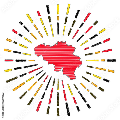 Sketch map of Belgium. Sunburst around the country in flag colors. Hand drawn Belgium shape with sun rays on white background. Vector illustration.