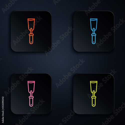 Color neon line Putty knife icon isolated on black background. Spatula repair tool. Spackling or paint instruments. Set icons in square buttons. Vector Illustration
