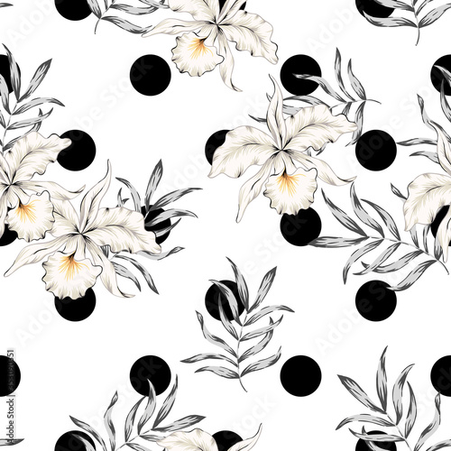 Tropical orchid flowers, palm leaves, polka dots, white background. Vector seamless pattern. Botanical illustration. Exotic plants. Summer beach floral design. Paradise nature