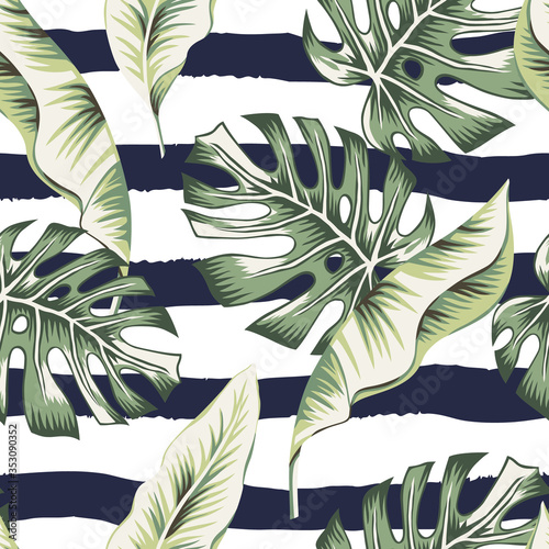 Tropical green banana, monstera palm leaves, striped background. Vector seamless pattern. Botanical illustration. Exotic jungle plants. Summer beach floral design. Paradise nature