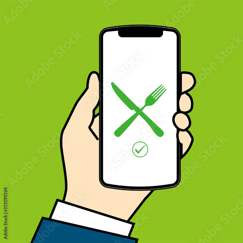 フォークスプーンのアイコンが表示されたスマホ画面と手のイラスト｜デリバリー配達のイメージ｜Smartphone screen delivery app