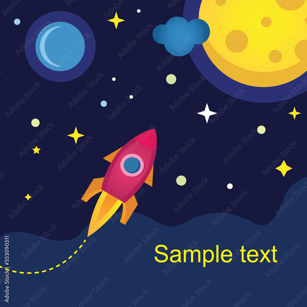 The rocket flies into space through the clouds. The moon, planets and stars are visible in the background. The rocket flies into space through the clouds. The moon, planets and stars are visible in the background.