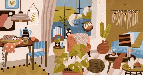 Comfy colorful hand drawn living room interior vector illustration. Trendy de...