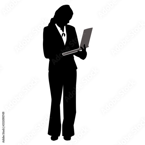 Businesswoman working with Laptop in Corporate attire Silhouette Vector Shape