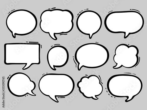 Set of speak bubble text, chatting box, message box outline cartoon vector illustration design. White balloon doodle style of thinking sign symbol.