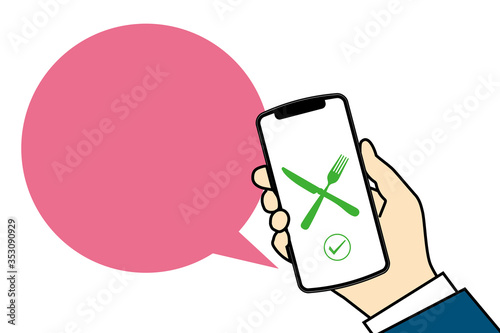 フォークスプーンのアイコンが表示されたスマホ画面と手のイラスト｜デリバリー配達のイメージ｜Smartphone screen delivery app