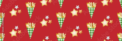 Roasted almond nuts in gingham paper bags vector seamless border. Banner of golden confectionery and stars on red backdrop. For festive ribbon, trim, edging seasonal food or Christmas fair concept