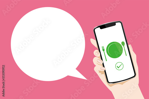 フォークスプーンのアイコンが表示されたスマホ画面と手のイラスト｜デリバリー配達のイメージ｜Smartphone screen delivery app