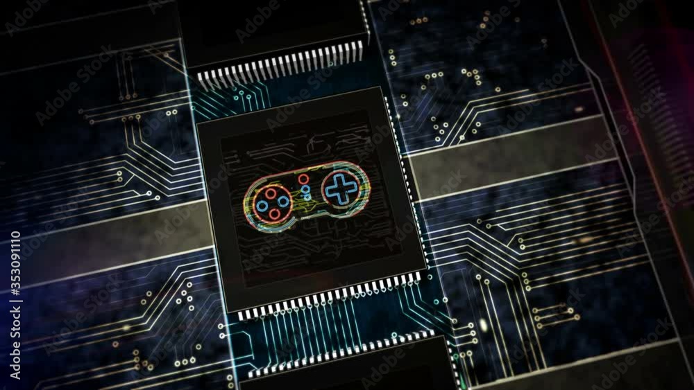 Gaming, fun, esport, cyber game, digital sport and entertainment production line abstract 3d rendering loopable seamless animation. Processor factory with laser burning symbol.