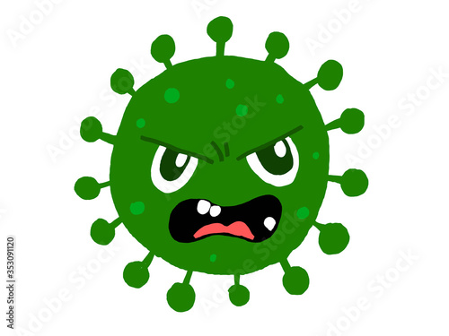 Doodle drawing of an evil green virus, dangerous coronavirus, cartoon virus with angry emotions of green color.