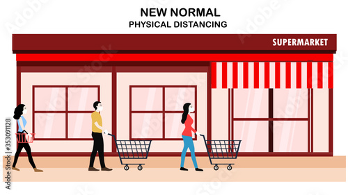 New normal in physical distancing people keep distance from each other and wearing face mask prevention from disease outbreak vector illustration. New normal after COVID-19 pandemic concept 