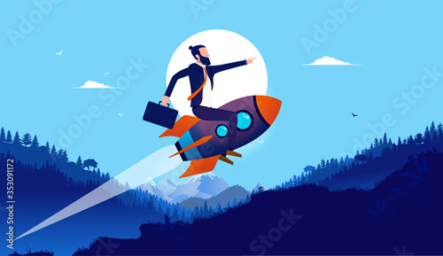 Businessman on rocket in landscape - Man flying on spaceship up hill in high speed with landscape in background. Boost your business, startup growth and progress concept. Vector illustration.