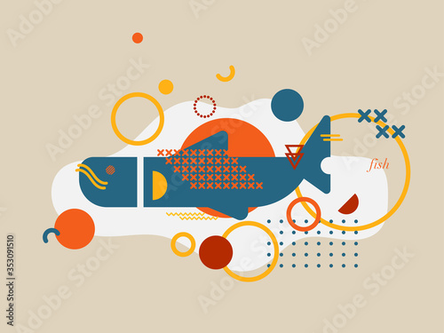 Colorful abstract fish symbol in memphis style. Vector illustration of polygonal geometric animal. Graphic Design. Geometrical concept for sea fish identity. Minimalistic logo design