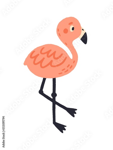 Cute pink hand drawn flamingo vector flat illustration. Adorable exotic color...