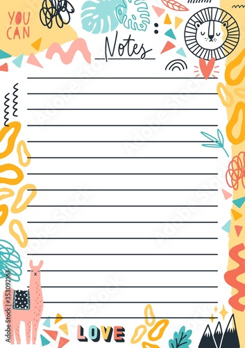 Colorful doodle template for notes vector flat illustration. Hand drawn planner with place for text and motivational phrases. List of tasks, organizer or event reminder decorated by design elements