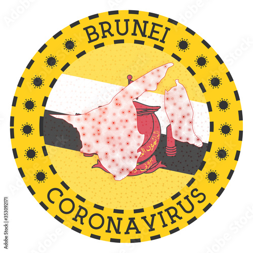 Coronavirus in Brunei sign. Round badge with shape of Brunei. Yellow country lockdown emblem with title and virus signs. Vector illustration.