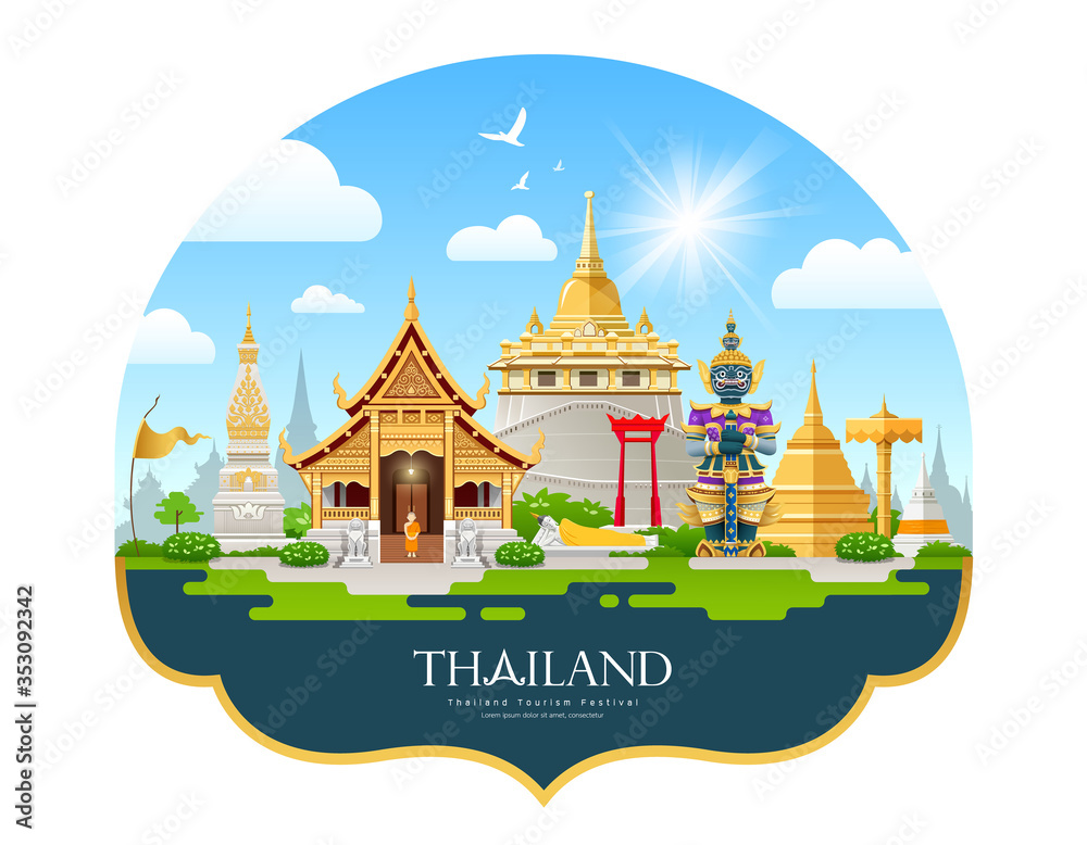 Naklejka premium Welcome to Travel Thailand building landmark beautiful background, vector illustration