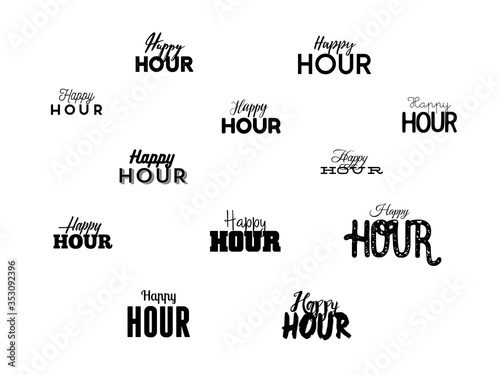 Happy hour hand written lettering for banner, card, poster, sale. Modern brush calligraphy. Isolated icons on white background. Vector illustration.