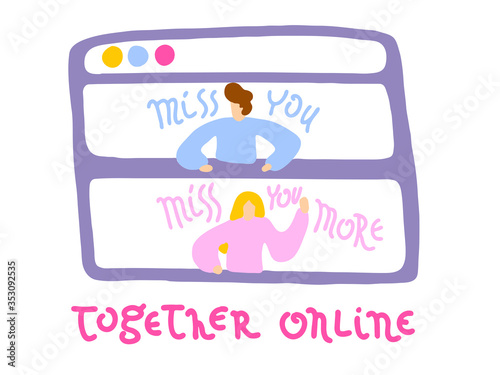 Together online concept. Design of online love or dating. People Characters using Mobile App for Dating and Communication. Woman and man chatting in virtual chat. Social Media Concept.