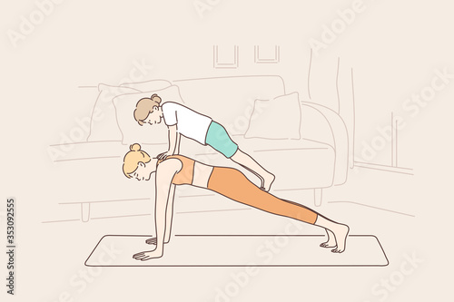 Motherhood, workout, childhood, sport concept. Cartoon characters woman mother doing push ups or yoga bar in house with girl kid daughter on back. Family mothers day and active recreation illustration