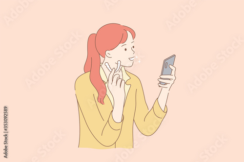 Beauty, fashion, earrings, jewelry concept. Young happy smiling woman girl cartoon character trying showing at smartphone new earrings. Buying fashionable bijouterie and fancy lifestyle illustration.