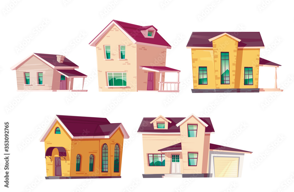 Evolution house architecture set. Dwellings time line from single story construction to modern cottage front view isolated on white background. Housing technology progress Cartoon vector illustration Evolution house architecture set. Dwellings time line from single story construction to modern cottage front view isolated on white background. Housing technology progress Cartoon vector illustration