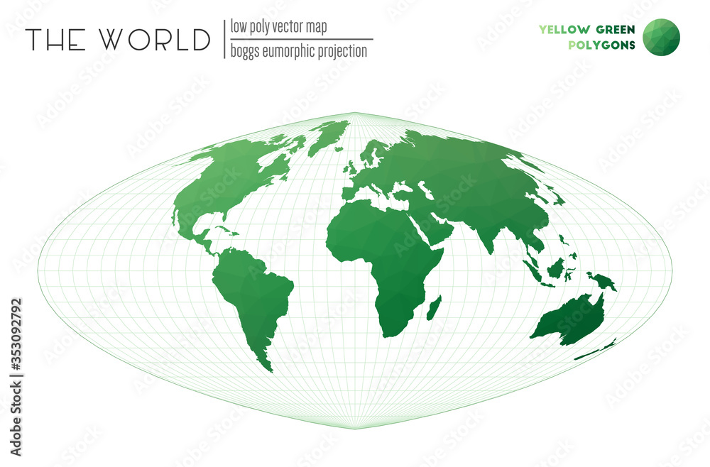 World map with vibrant triangles. Boggs eumorphic projection of the world. Yellow-green colored polygons. Trending vector illustration. World map with vibrant triangles. Boggs eumorphic projection of the world. Yellow-green colored polygons. Trending vector illustration.