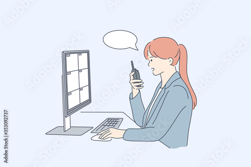 Security, surveillance, safety concept. Young woman or girl safeguard operator cartoon character sitting at computer display workplace with portable transmitter. Video observation and safety provision