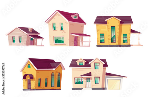 Evolution house architecture set. Dwellings time line from single story construction to modern cottage front view isolated on white background. Housing technology progress Cartoon vector illustration