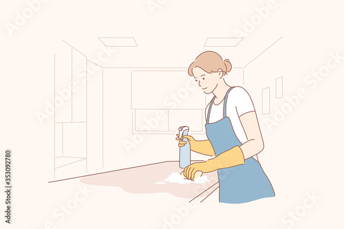 Cleaning in office concept. Young happy smiling woman maid housekeeper or girl janitor cartoon character cleans business room or hotel apartment with spray. Professional cleanup service illustration.