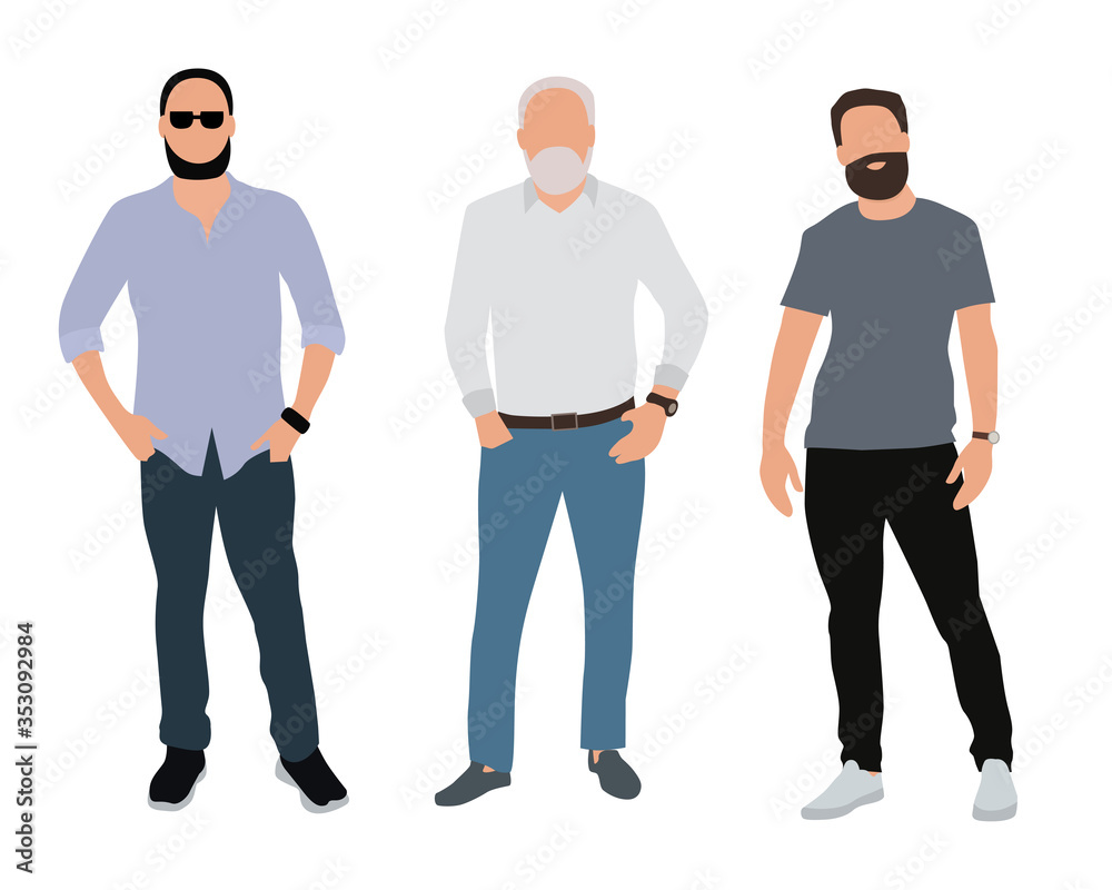 Three men with beards. Vector characters, flat icon, isolated on white background.