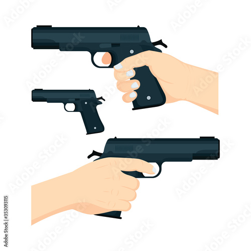 Hand with gun. Hand holding gun front and back views vector illustrations set. 